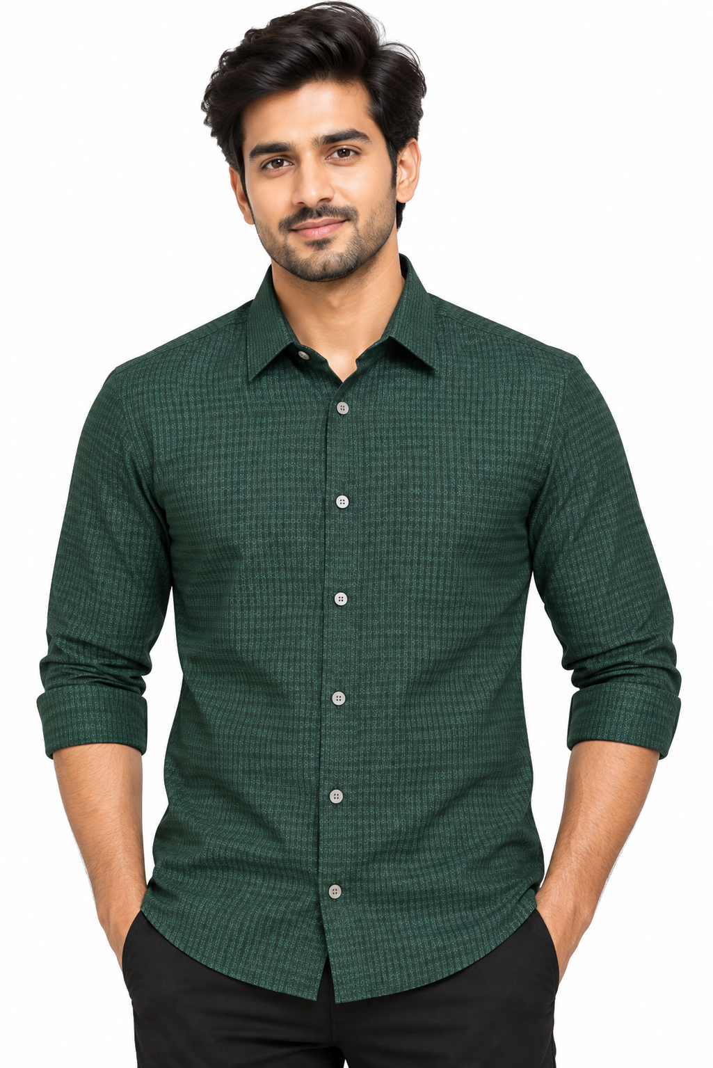 Men’s Dark Green Self Pattern Full Sleeve Shirt