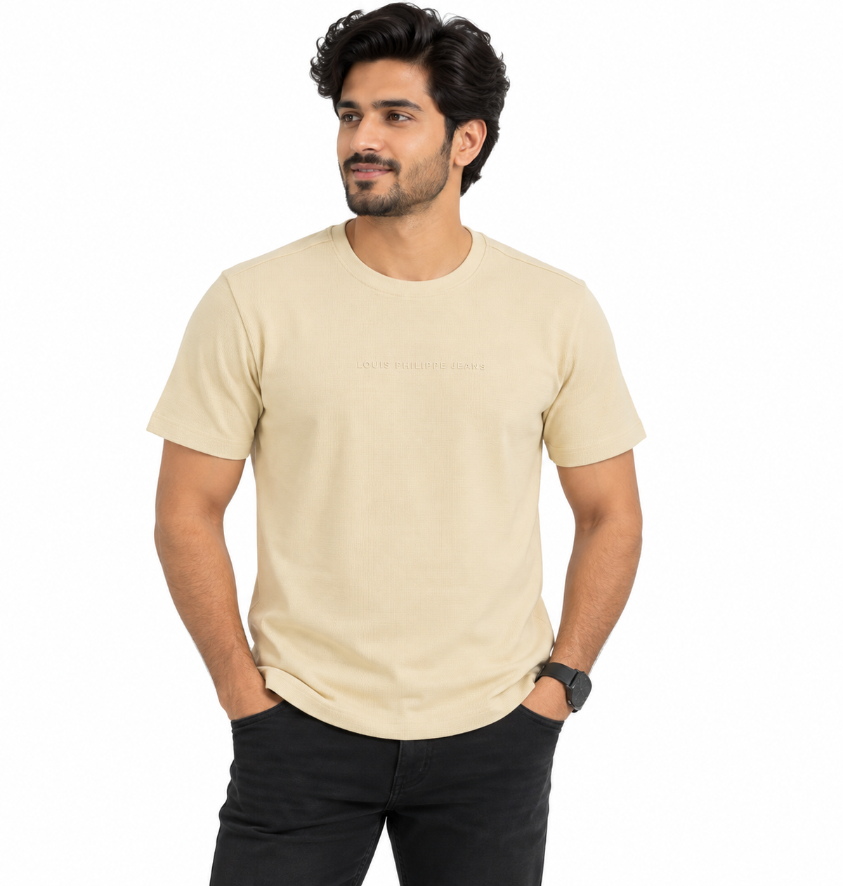 Men's Light Beige Textured Round Neck T-Shirt