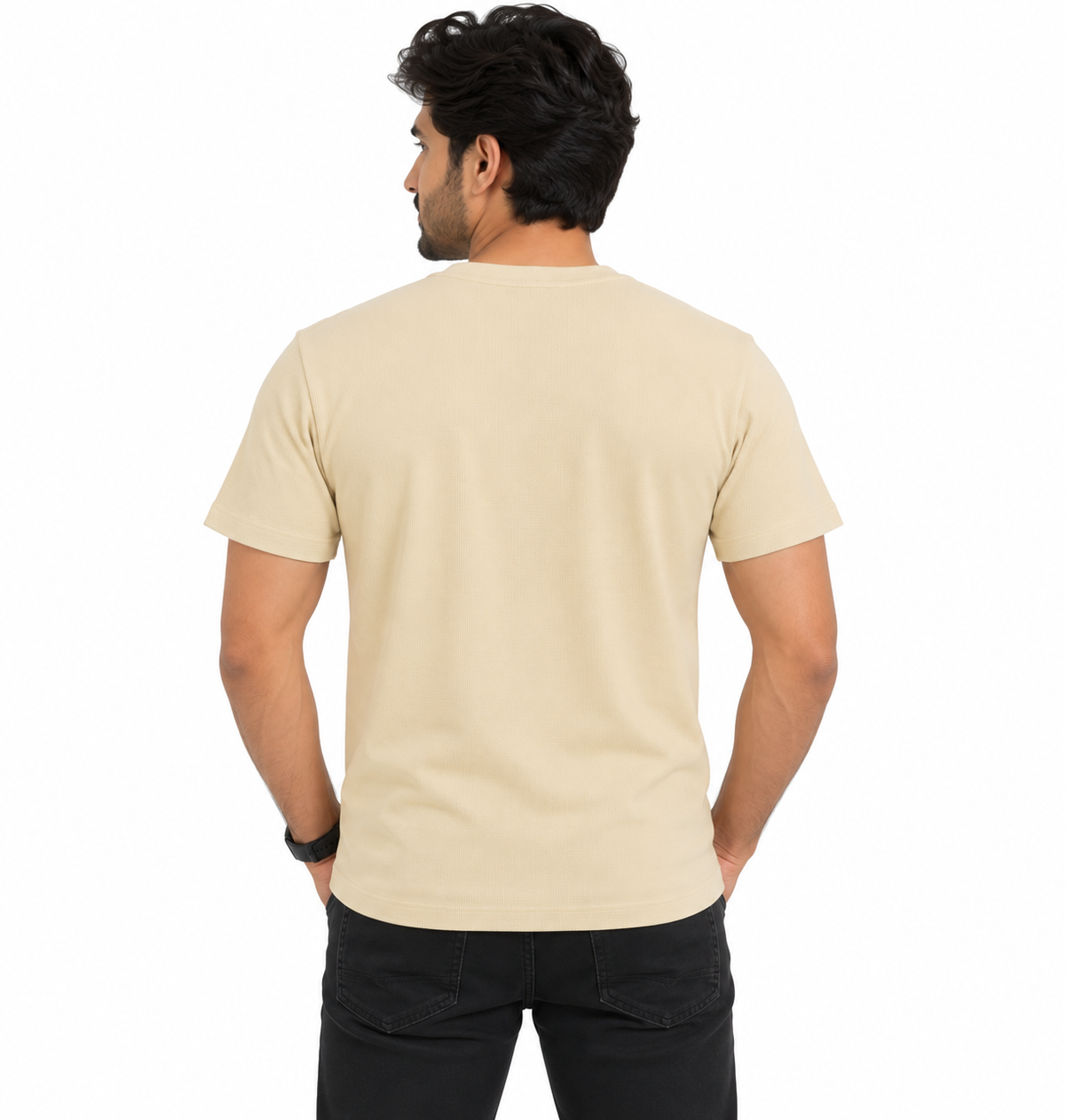 Men's Light Beige Textured Round Neck T-Shirt