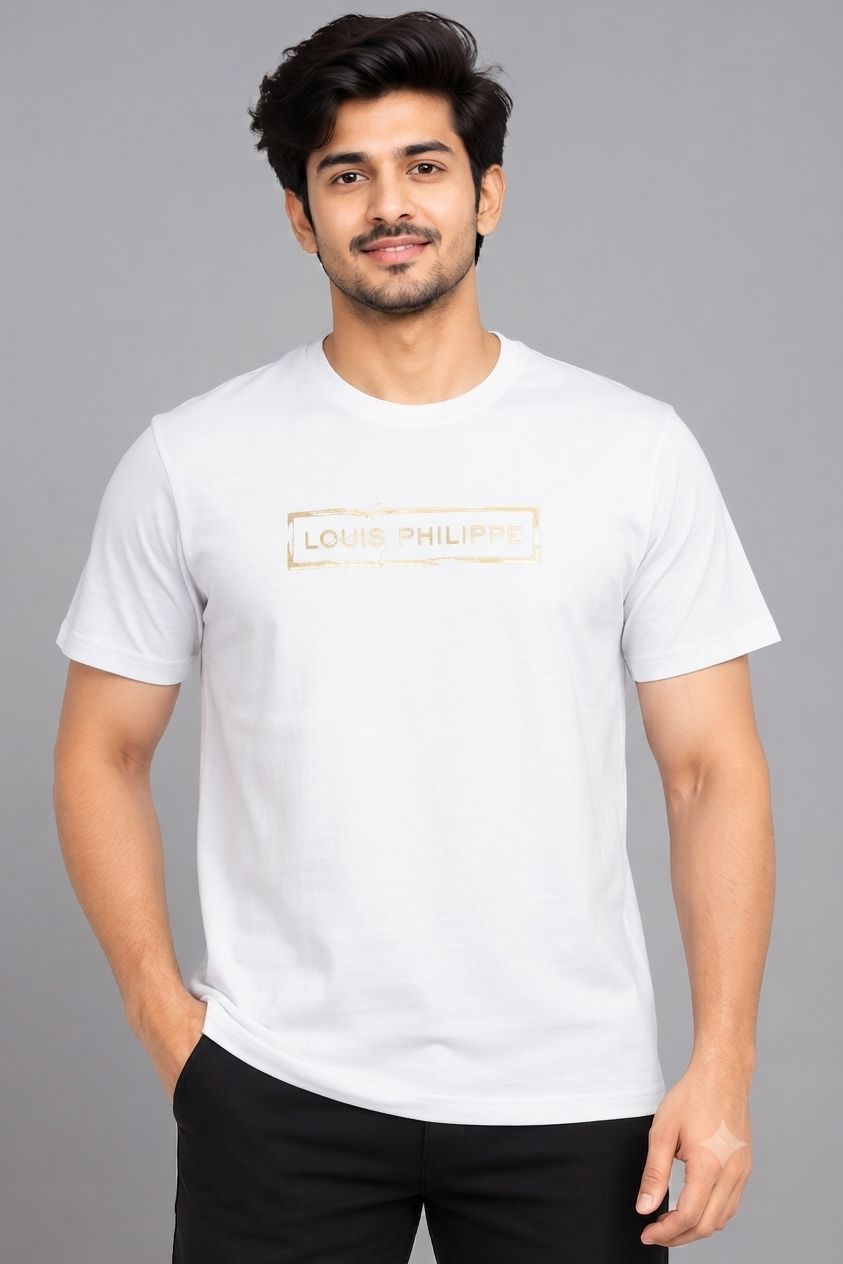 Men's White Round Neck T-Shirt with Front Detail