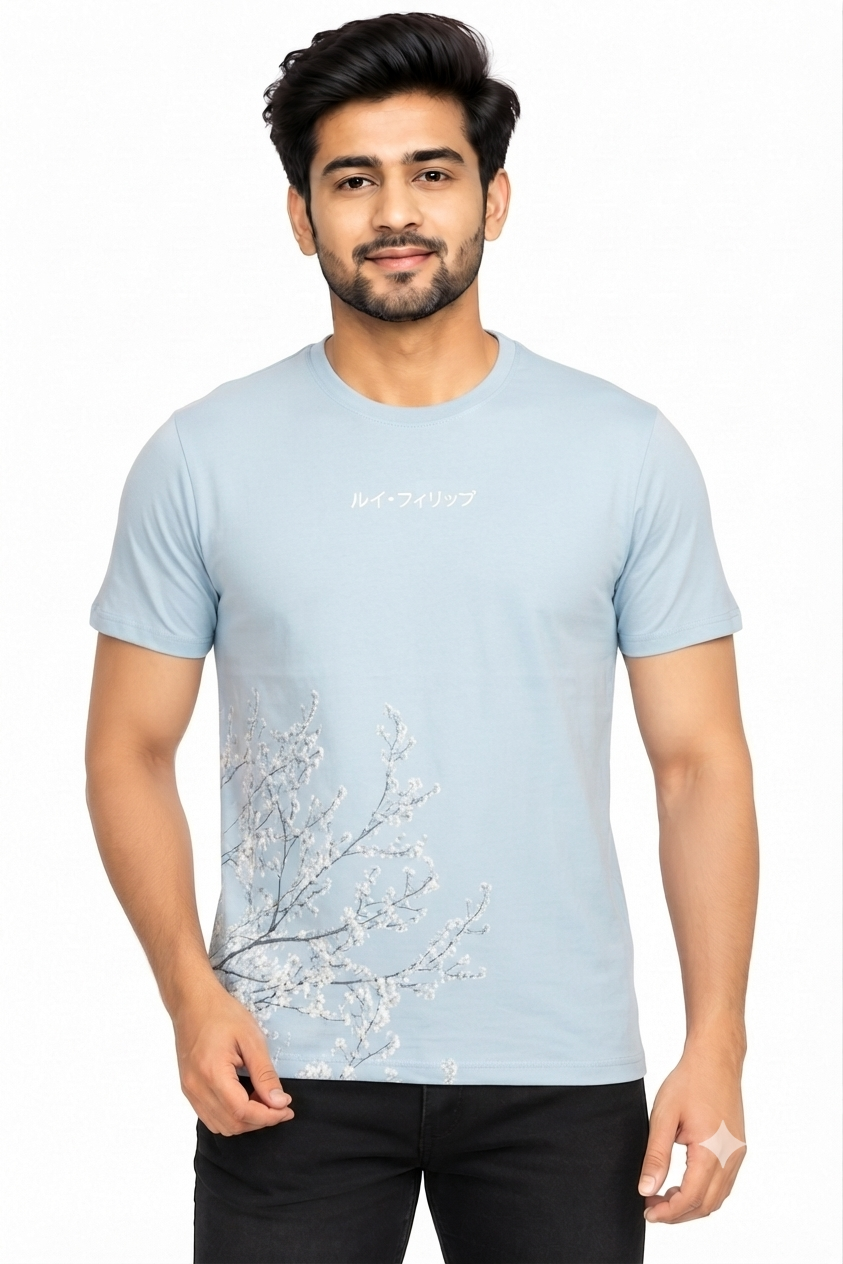 Men's Light Sky Blue Floral Print Round Neck T-Shirt