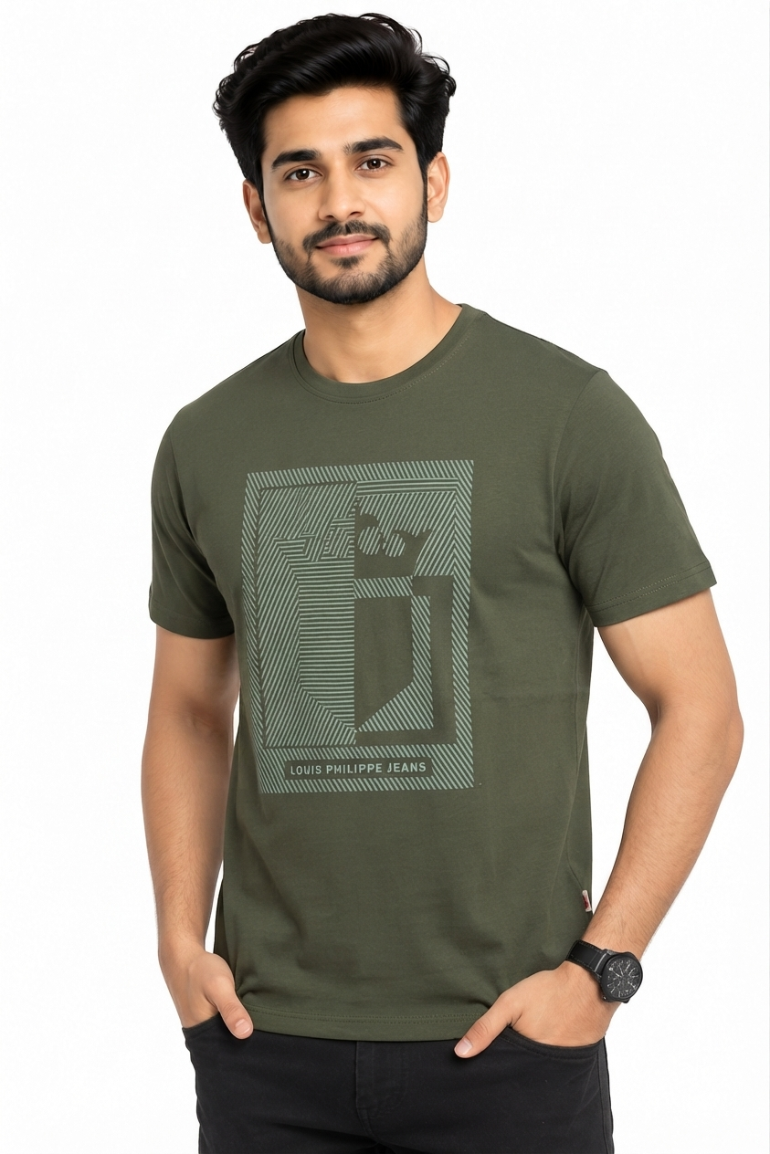 Men's Dark Olive Green Graphic Print Round Neck T-Shirt
