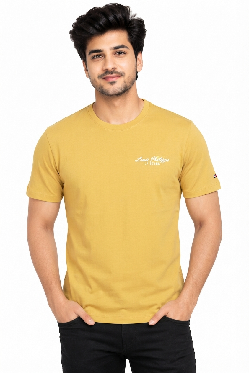 Men's Mustard Yellow Minimal Print Round Neck T-Shirt