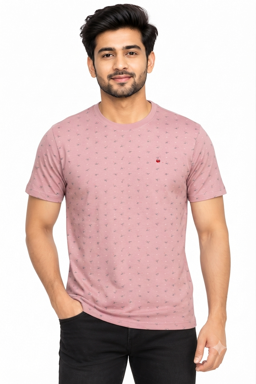 Men's Dusty Pink All-Over Printed Round Neck T-Shirt