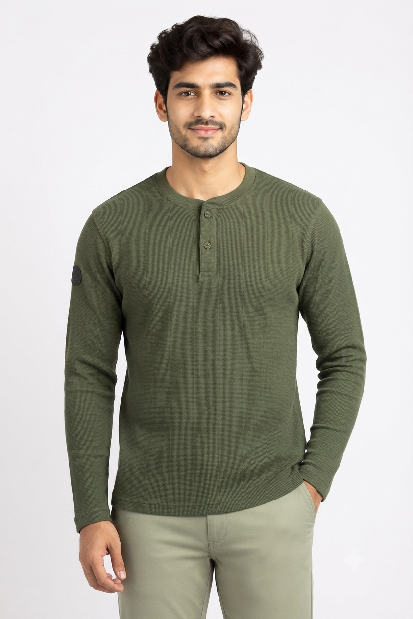 Men's Dark Green Henley Neck Full Sleeve T-Shirt