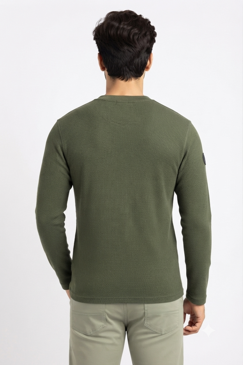 Men's Dark Green Henley Neck Full Sleeve T-Shirt