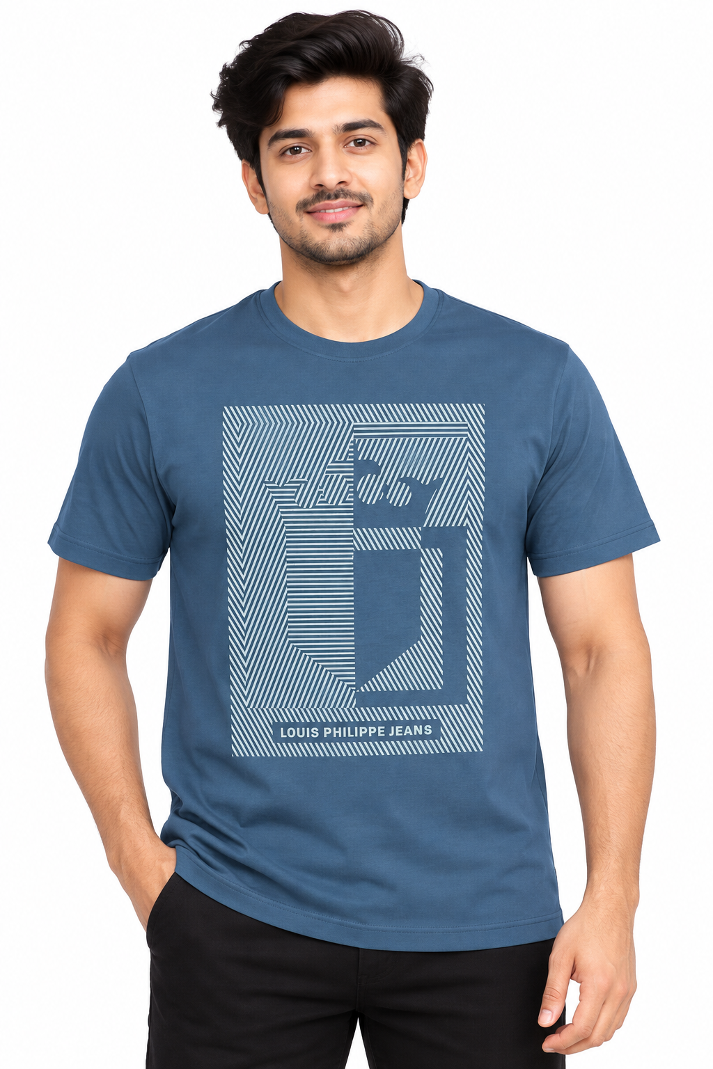 Men's Dark Navy Blue Graphic Print Round Neck T-Shirt