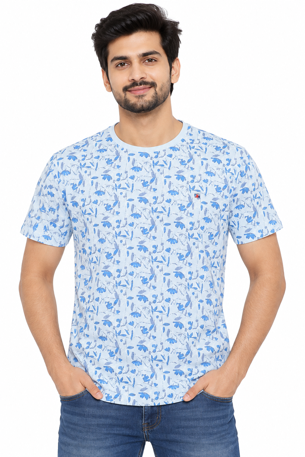 Men's Light Blue & Blue Floral Print Round Neck T-Shirt