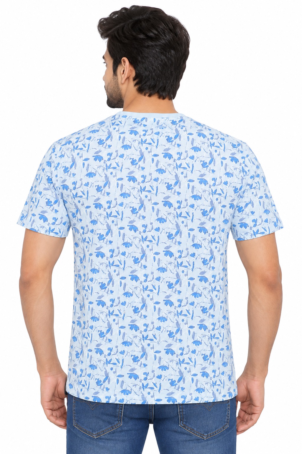 Men's Light Blue & Blue Floral Print Round Neck T-Shirt