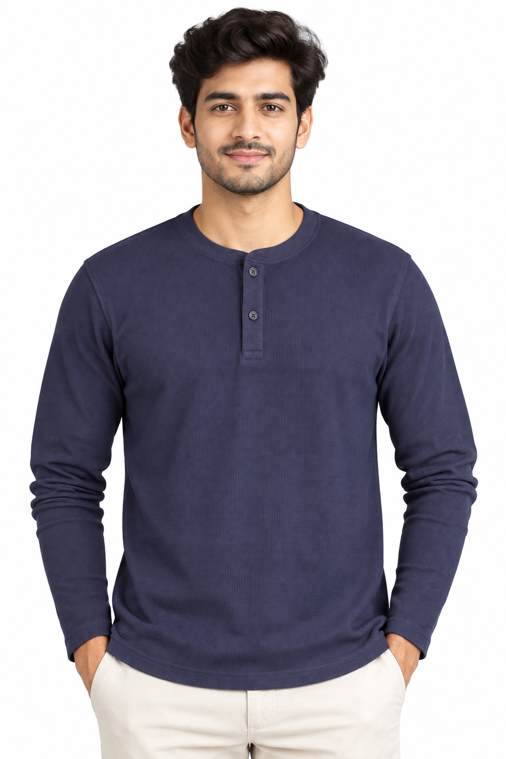 Men's Dark Navy Blue Full Sleeve Henley T-Shirt