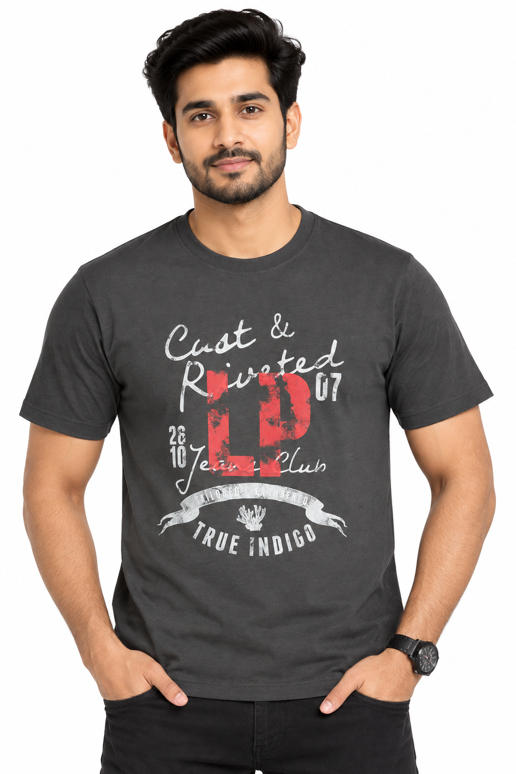 Men's Charcoal Grey Graphic Print Round Neck T-Shirt
