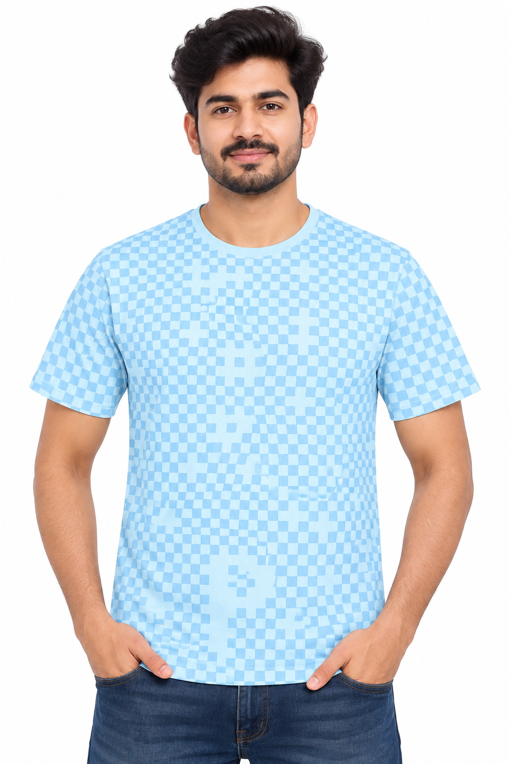Men's Light Blue & Blue Checkered Round Neck T-Shirt