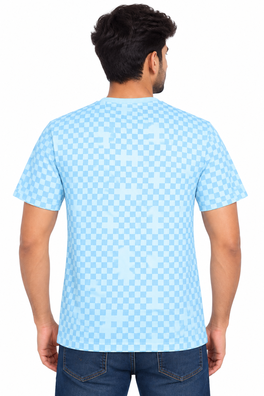 Men's Light Blue & Blue Checkered Round Neck T-Shirt