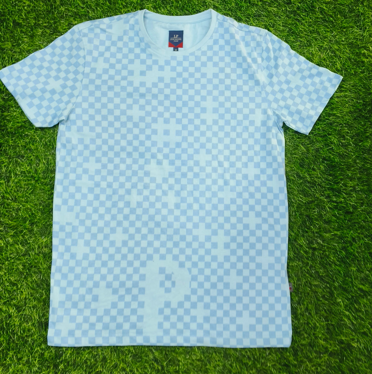 Men's Light Blue & Blue Checkered Round Neck T-Shirt