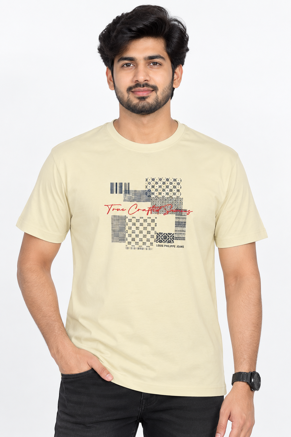 Men's Cream Printed Round Neck T-Shirt