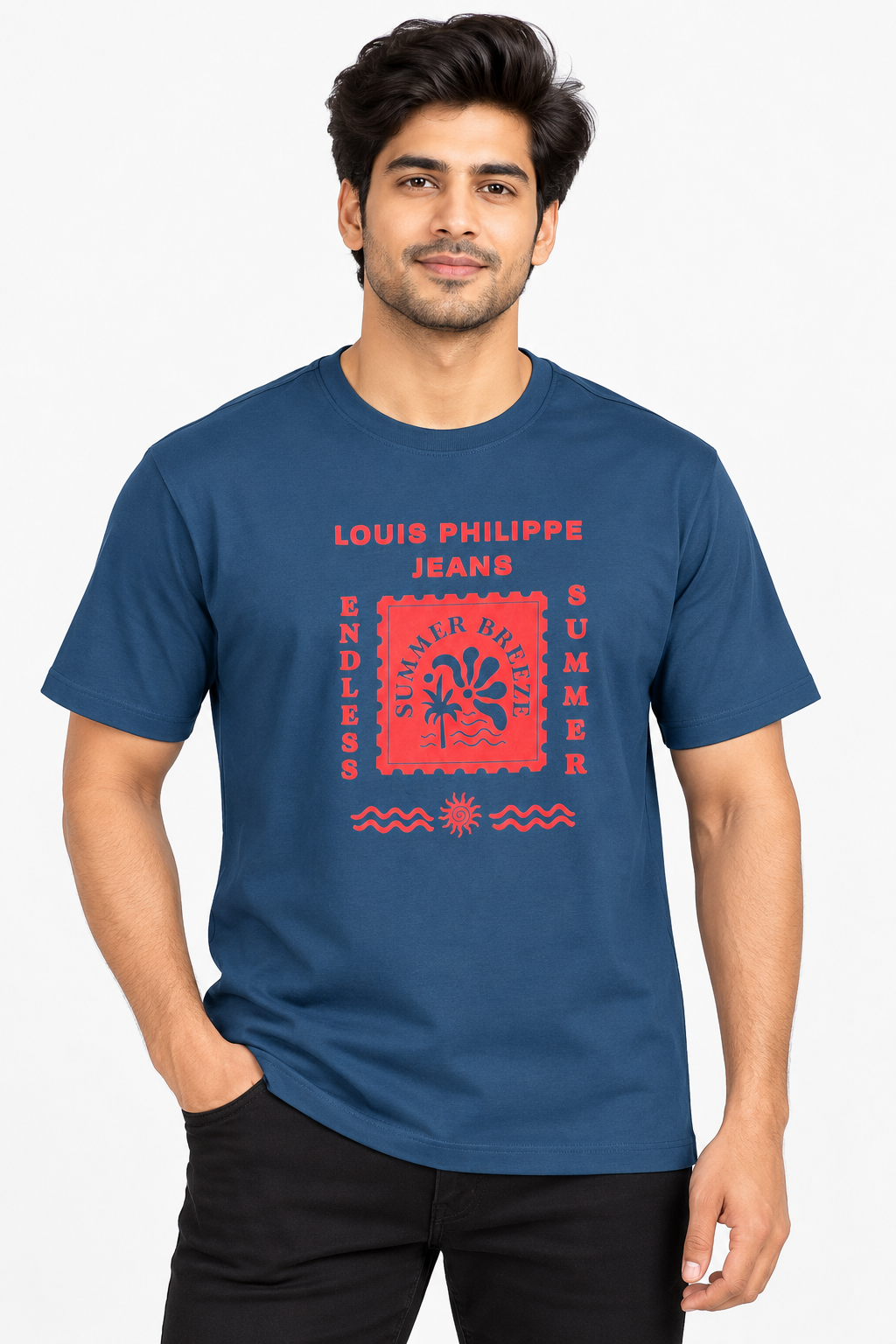 Men's Teal Blue Printed Round Neck T-Shirt