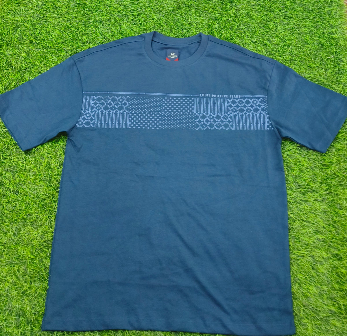Men's Navy Blue Geometric Print Round Neck T-Shirt