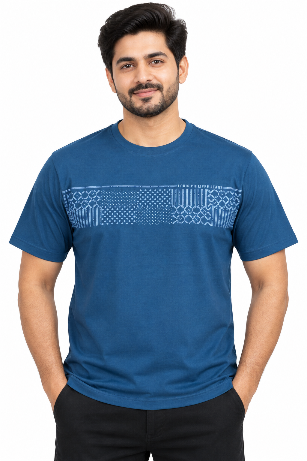 Men's Navy Blue Geometric Print Round Neck T-Shirt