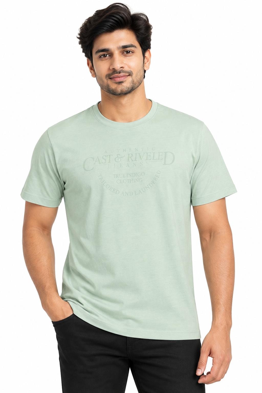 Men's Light Sage Green Printed Round Neck T-Shirt