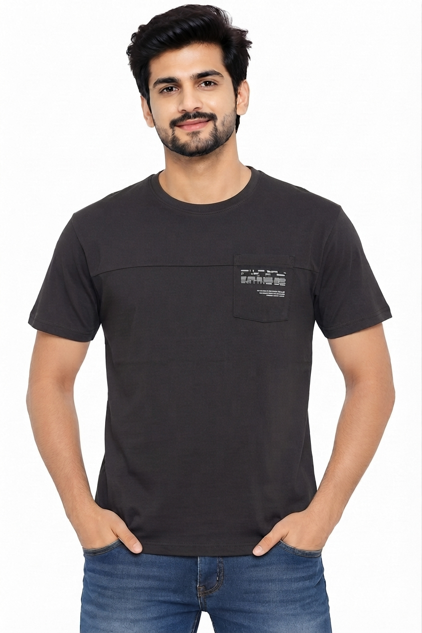 Men's Black Pocket Round Neck T-Shirt