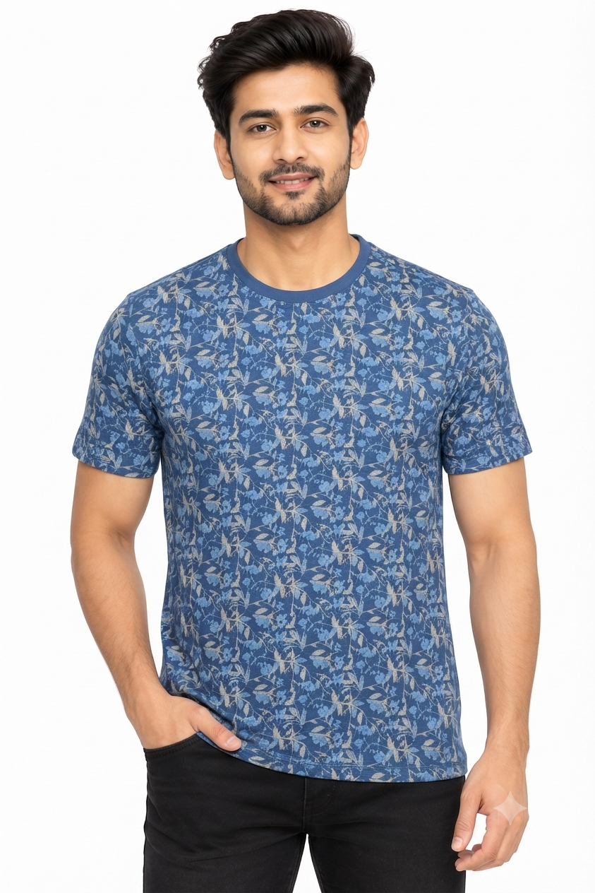 Men's Navy Blue Floral Print Round Neck T-Shirt