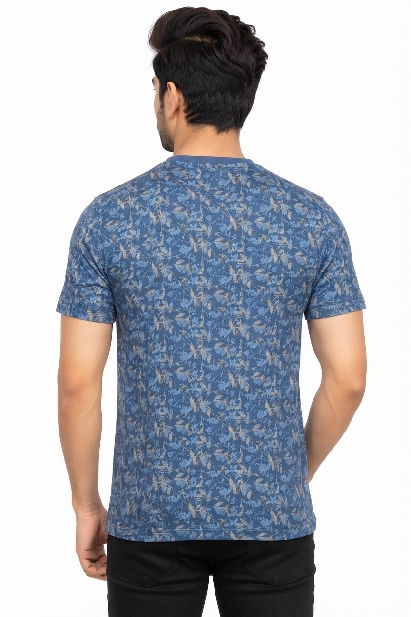 Men's Navy Blue Floral Print Round Neck T-Shirt