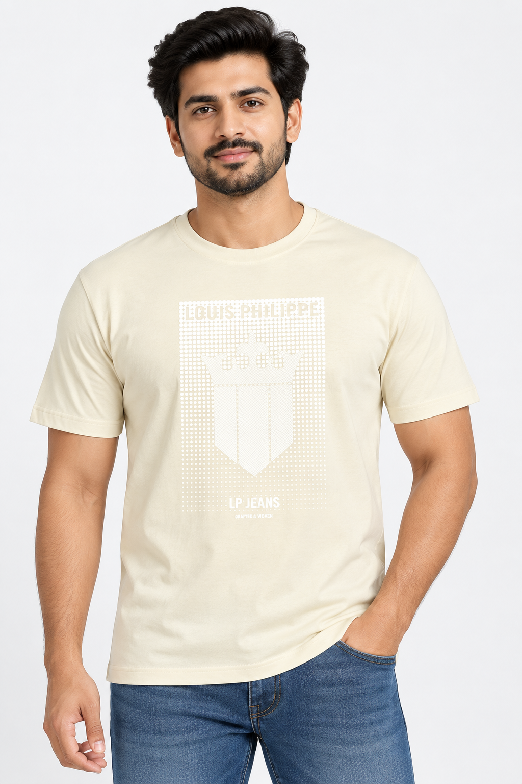 Men's Light Cream Graphic Round Neck T-Shirt