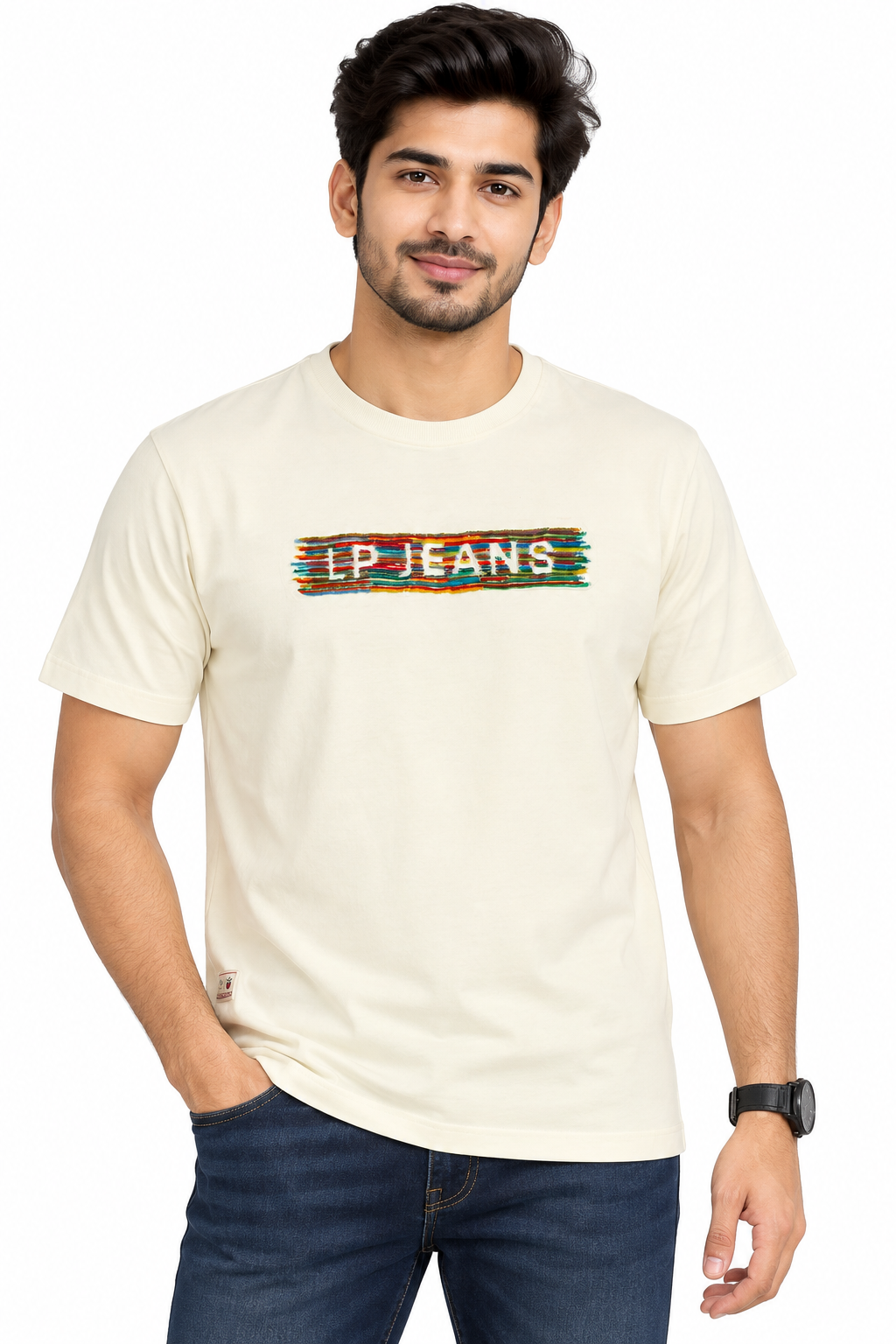 Men's Light Cream Embroidered Round Neck T-Shirt