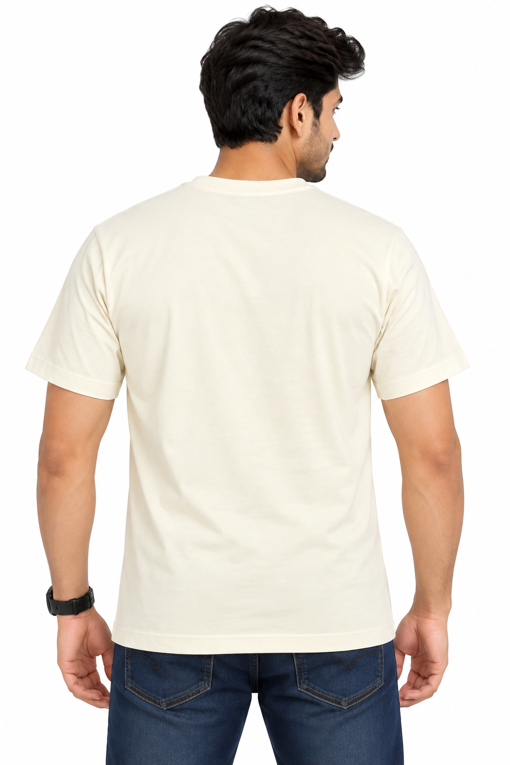 Men's Light Cream Embroidered Round Neck T-Shirt