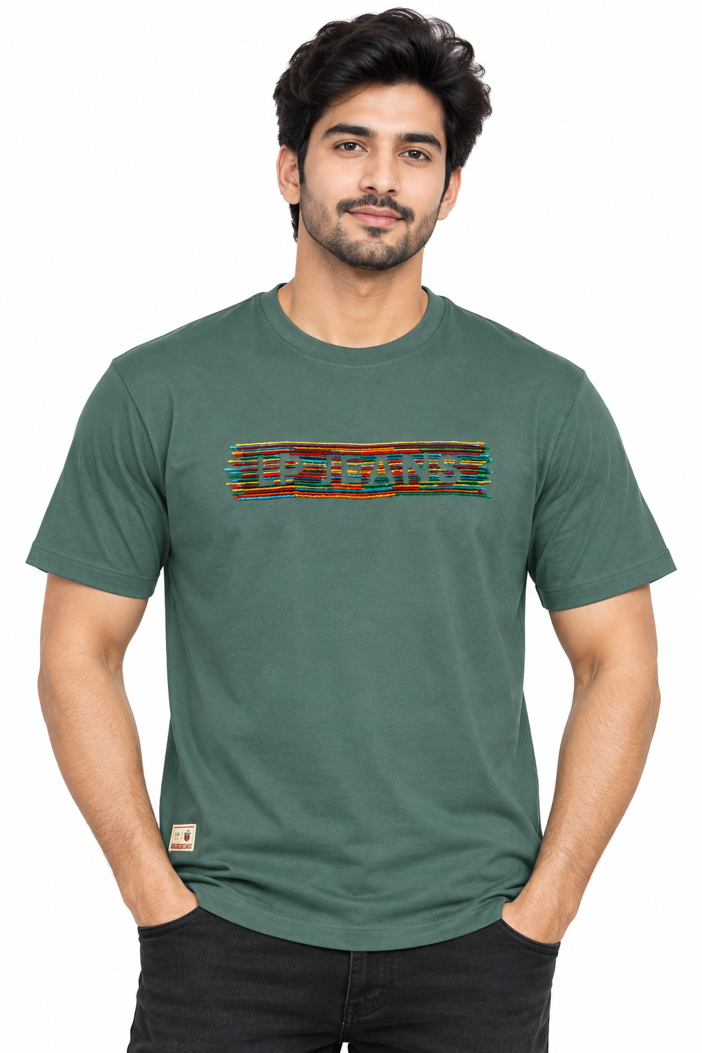 Men's Dark Green Embroidered Round Neck T-Shirt