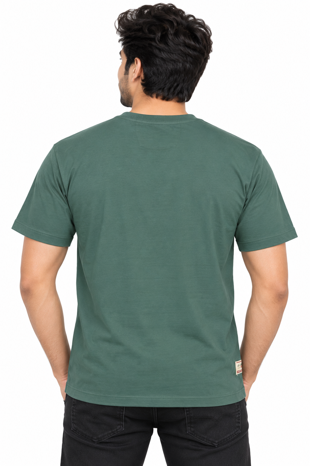 Men's Dark Green Embroidered Round Neck T-Shirt