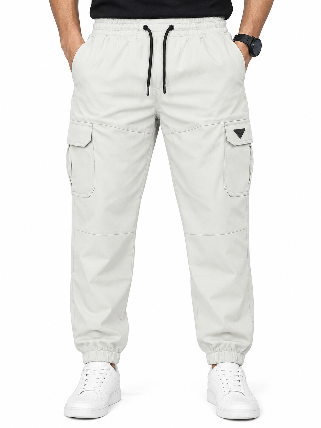 Men’s Light Grey 6-Pocket Cargo Jogger Pant with Elastic Waist