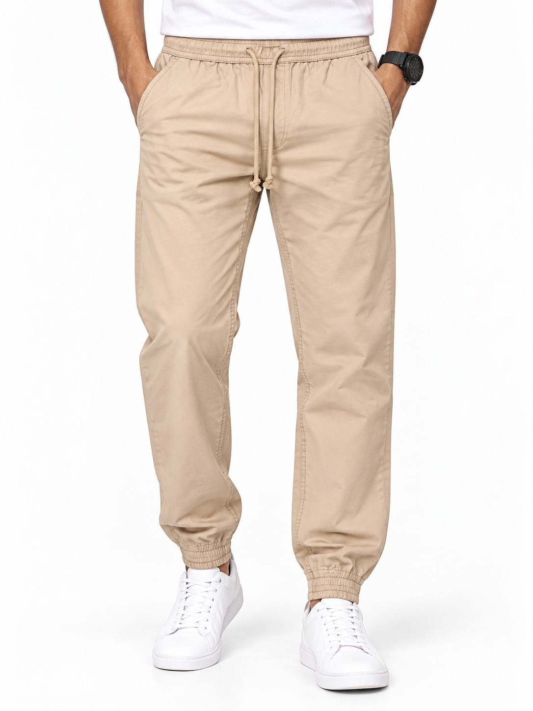 Men’s Beige 4-Pocket Elastic Waist Jogger Pant