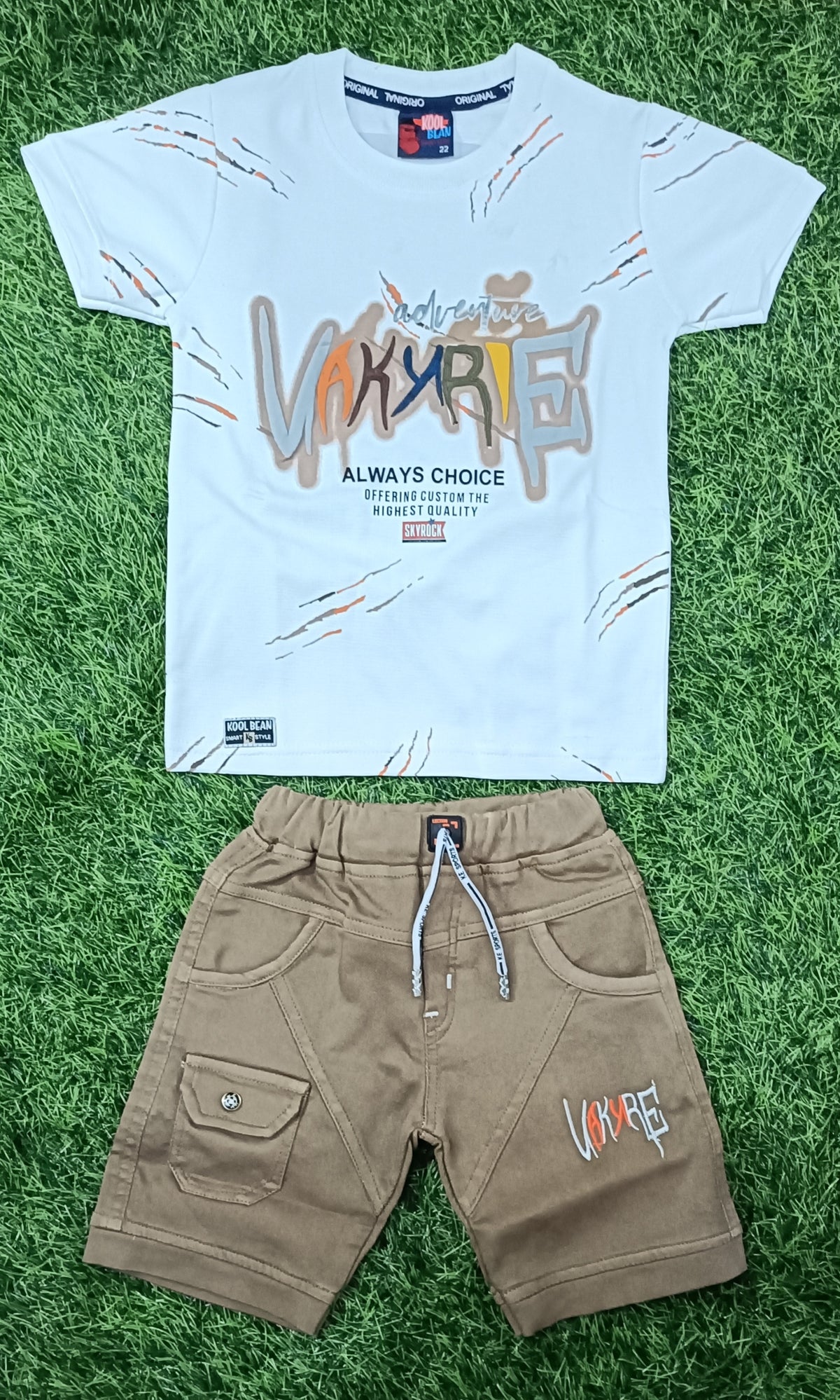 Kids White Printed T-Shirt & Brown Cargo short Set