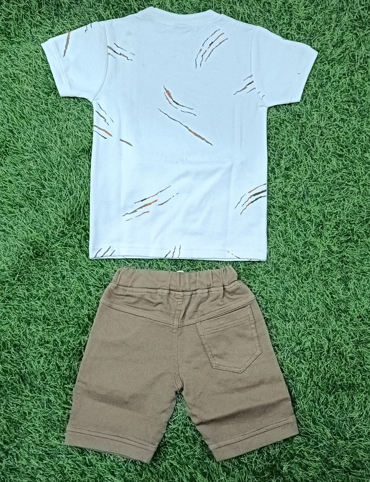 Kids White Printed T-Shirt & Brown Cargo short Set