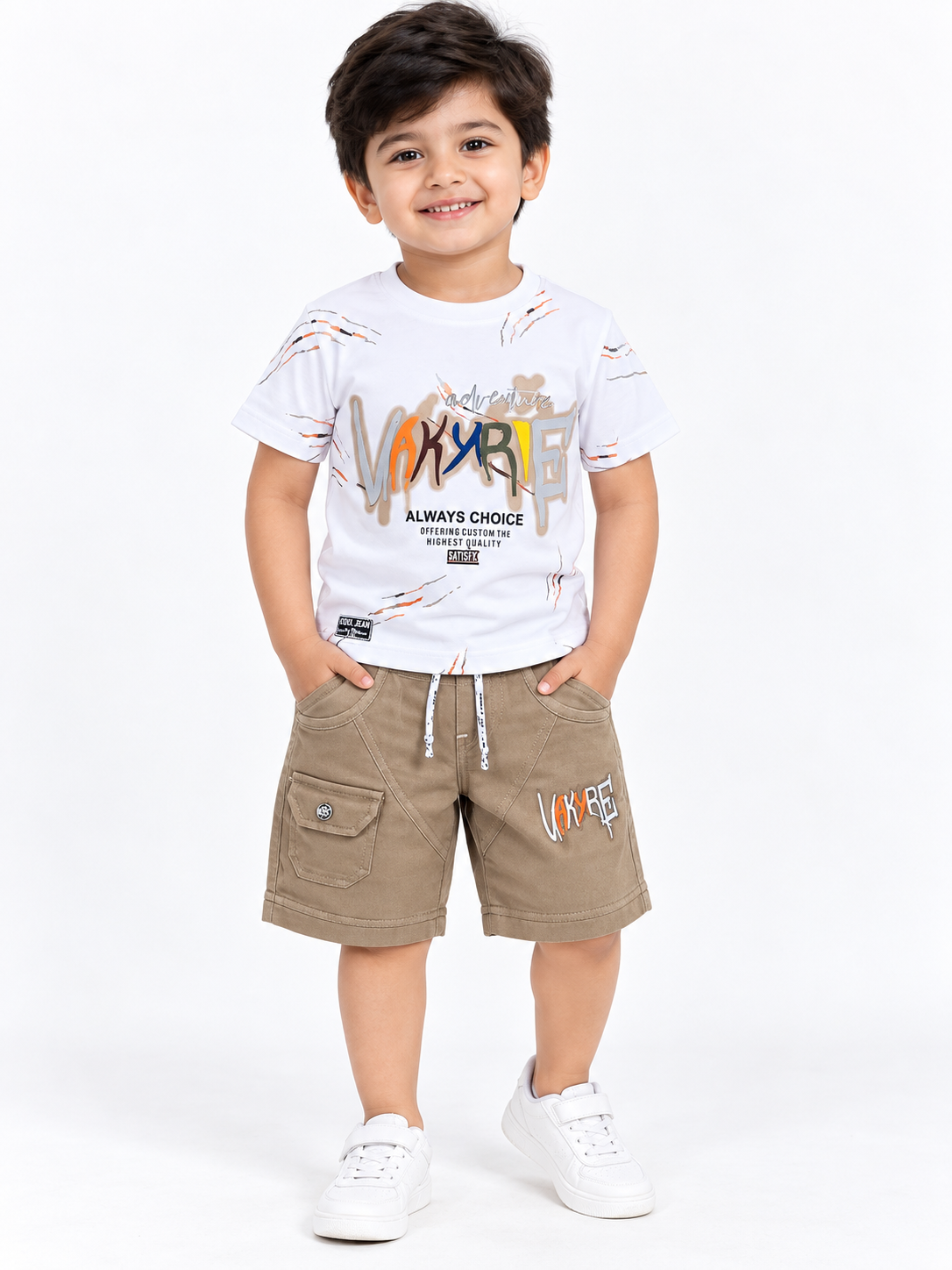 Kids White Printed T-Shirt & Brown Cargo short Set