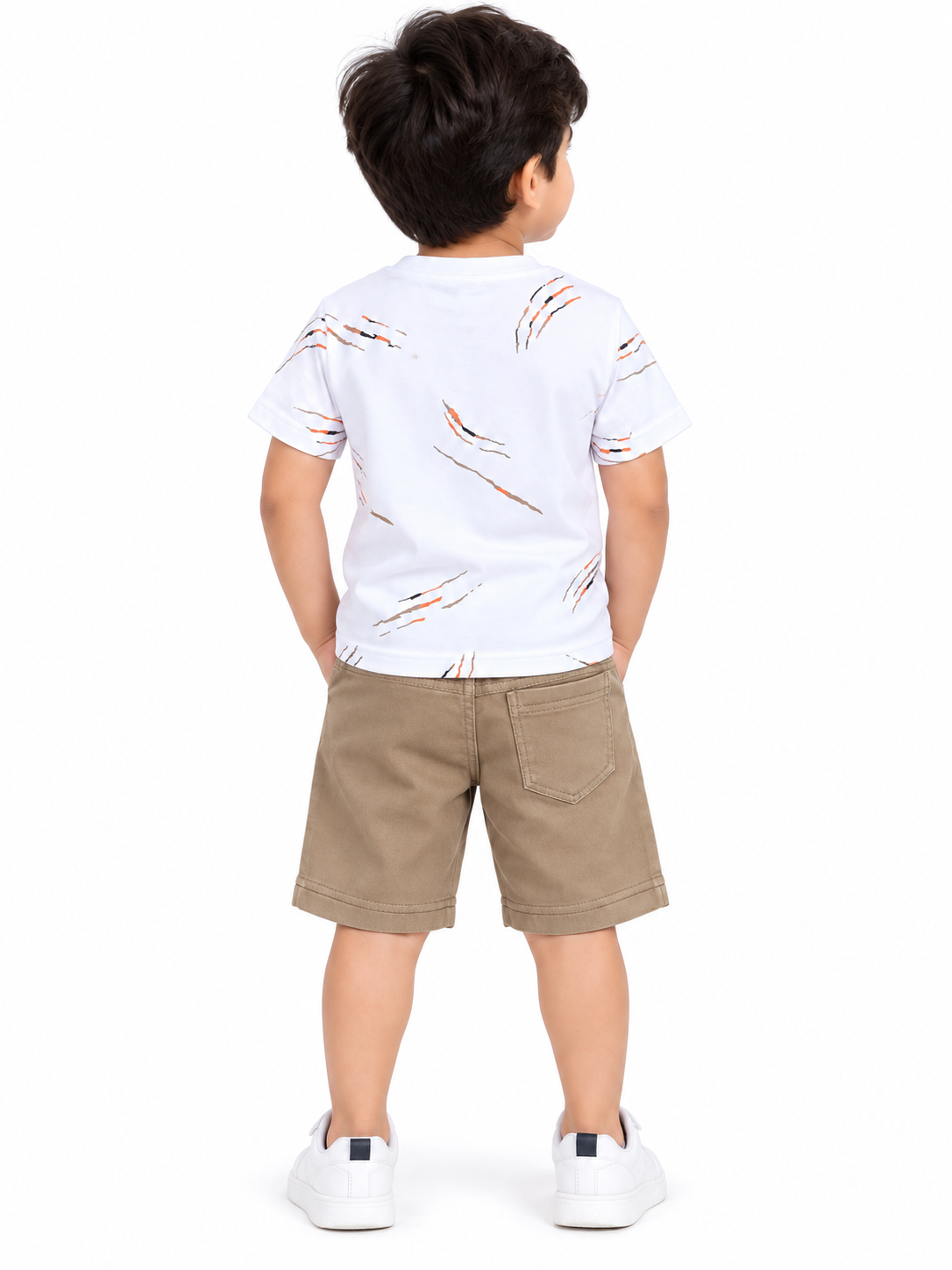 Kids White Printed T-Shirt & Brown Cargo short Set