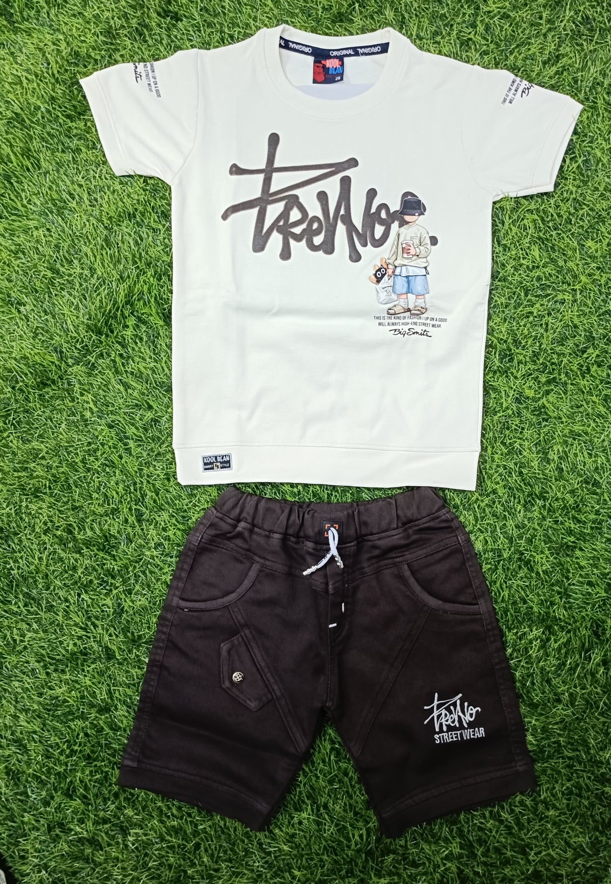 Kids Off-White Printed T-Shirt & Chocolate Cargo Short Set