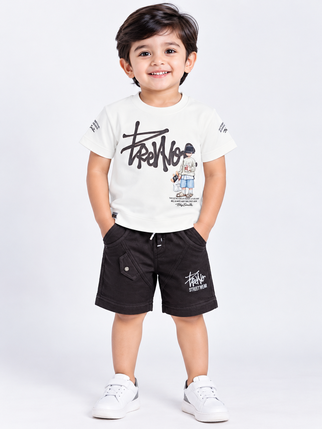 Kids Off-White Printed T-Shirt & Chocolate Cargo Short Set