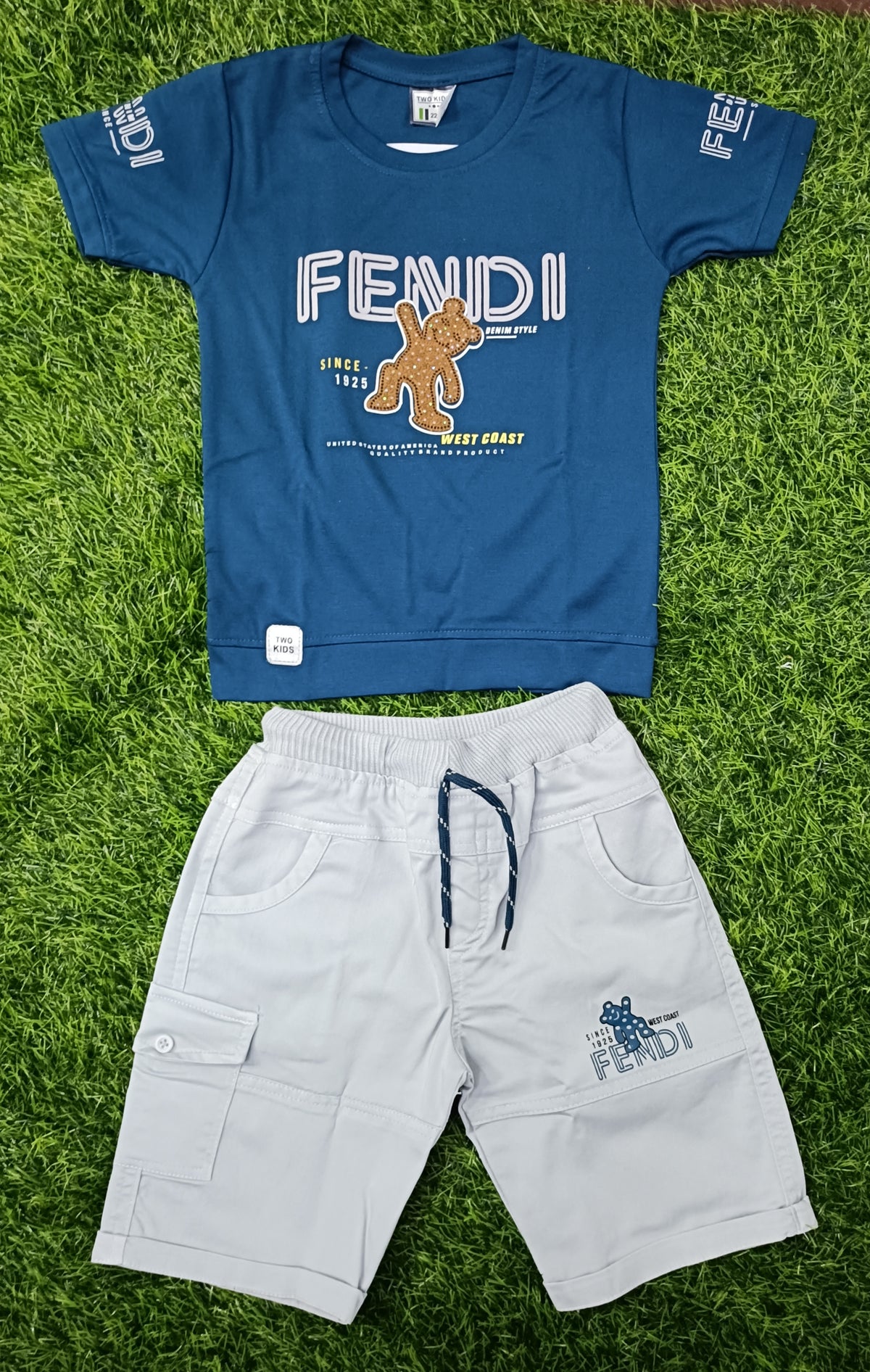 Kids Teal Blue Printed T-Shirt & Light Grey Cargo Short Set