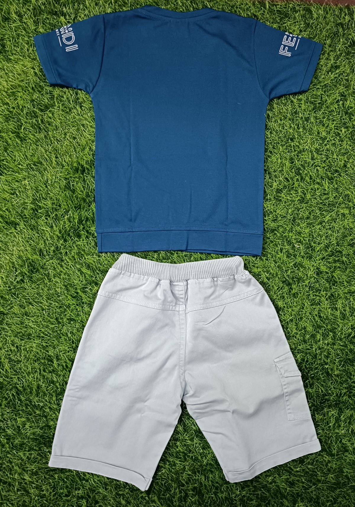 Kids Teal Blue Printed T-Shirt & Light Grey Cargo Short Set