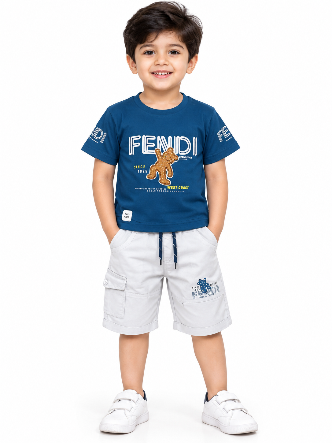 Kids Teal Blue Printed T-Shirt & Light Grey Cargo Short Set