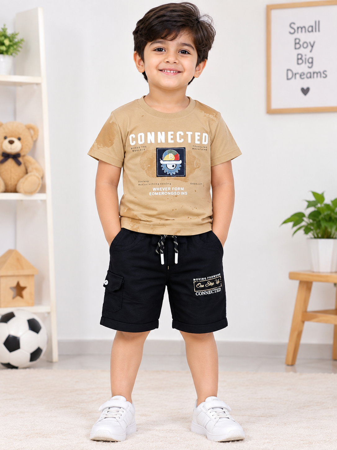 Kids Mustard Printed T-Shirt & Black Cargo Short Set