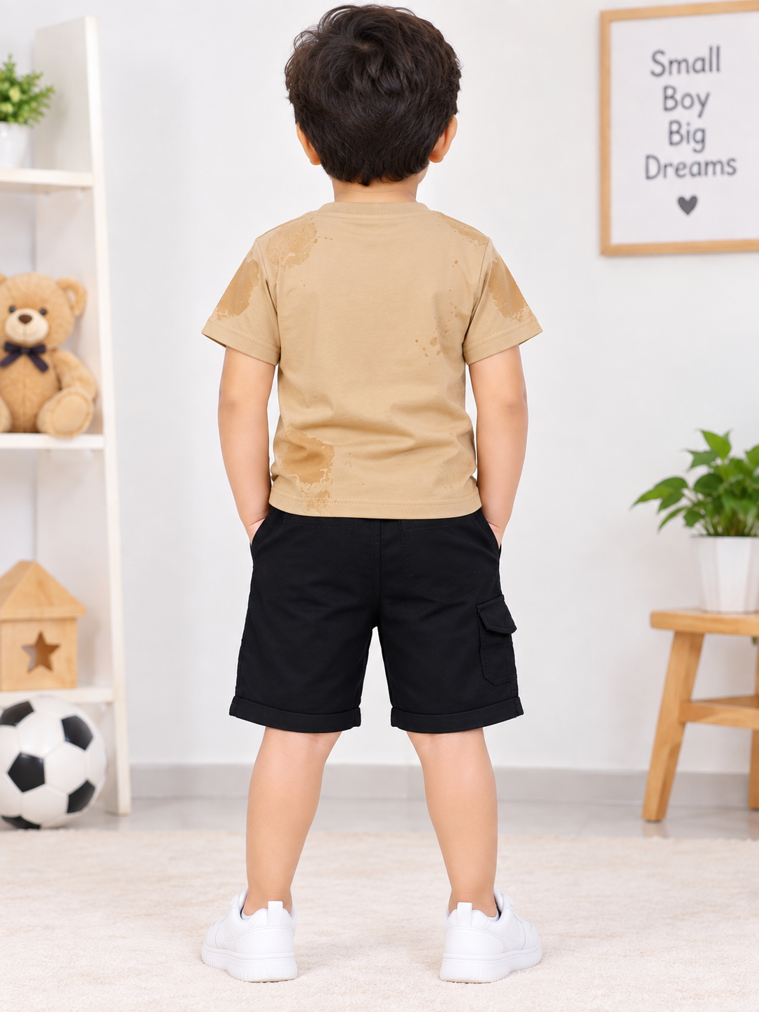 Kids Mustard Printed T-Shirt & Black Cargo Short Set