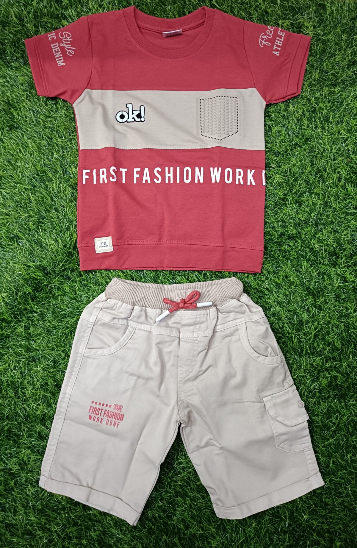 Kids Brick Red Printed T-Shirt & Cream Cargo Short Set