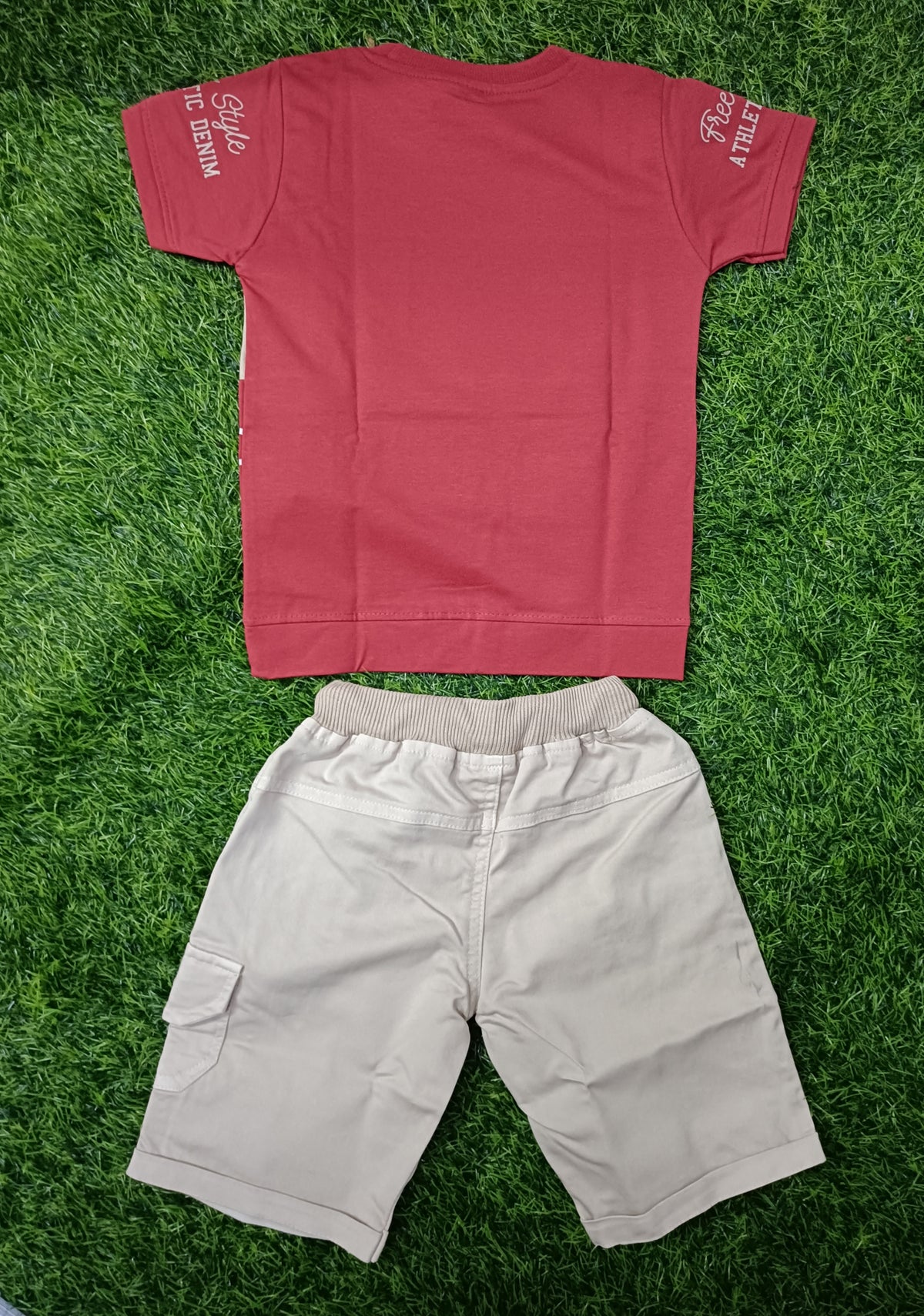 Kids Brick Red Printed T-Shirt & Cream Cargo Short Set