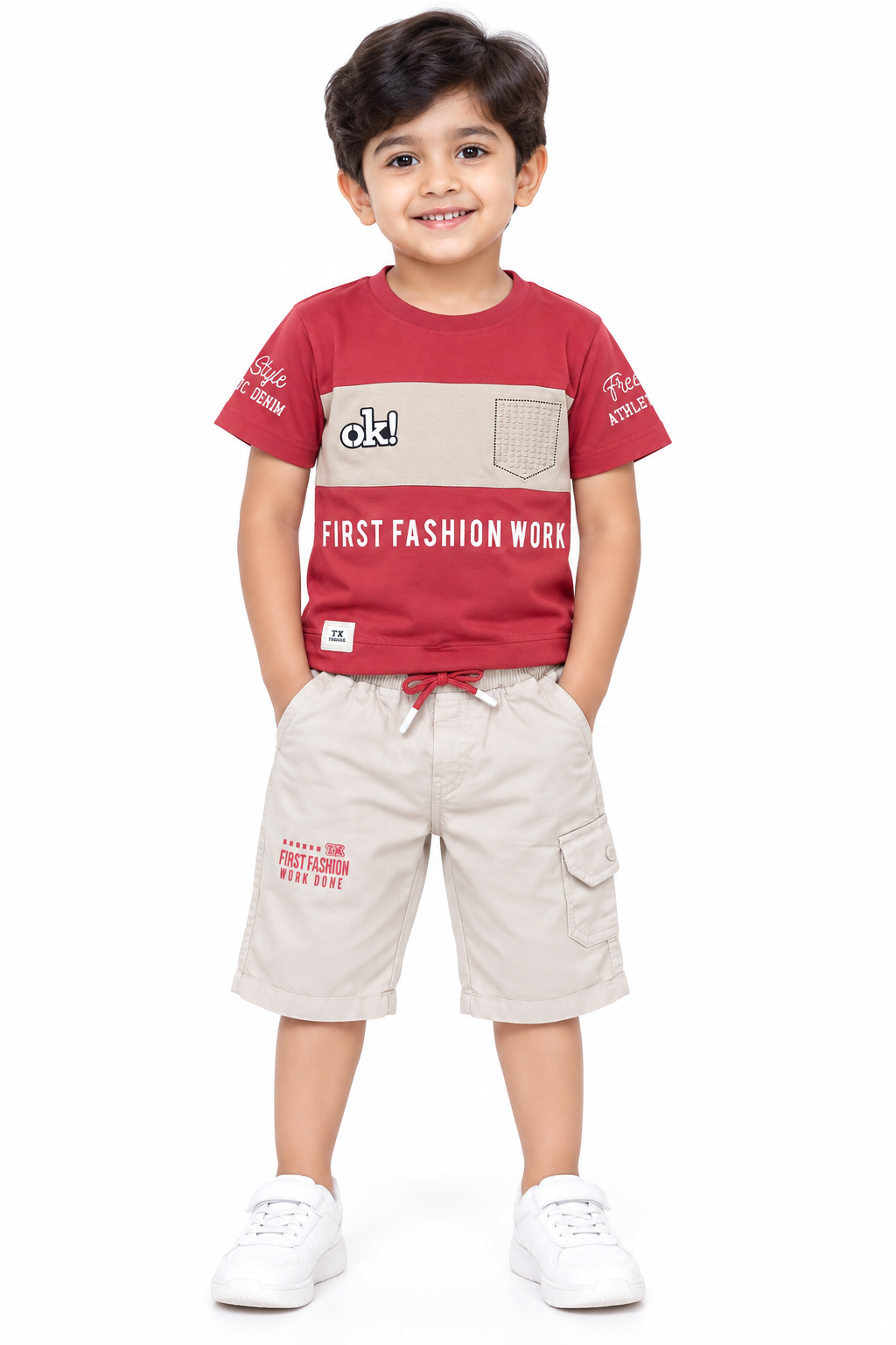 Kids Brick Red Printed T-Shirt & Cream Cargo Short Set