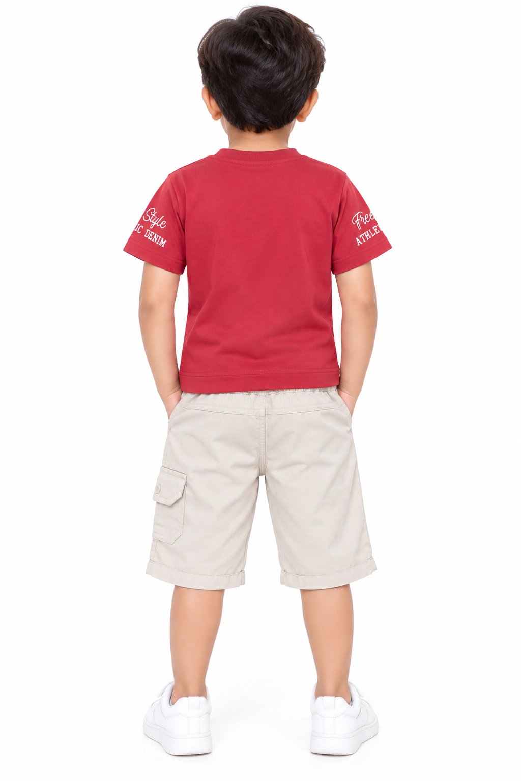 Kids Brick Red Printed T-Shirt & Cream Cargo Short Set