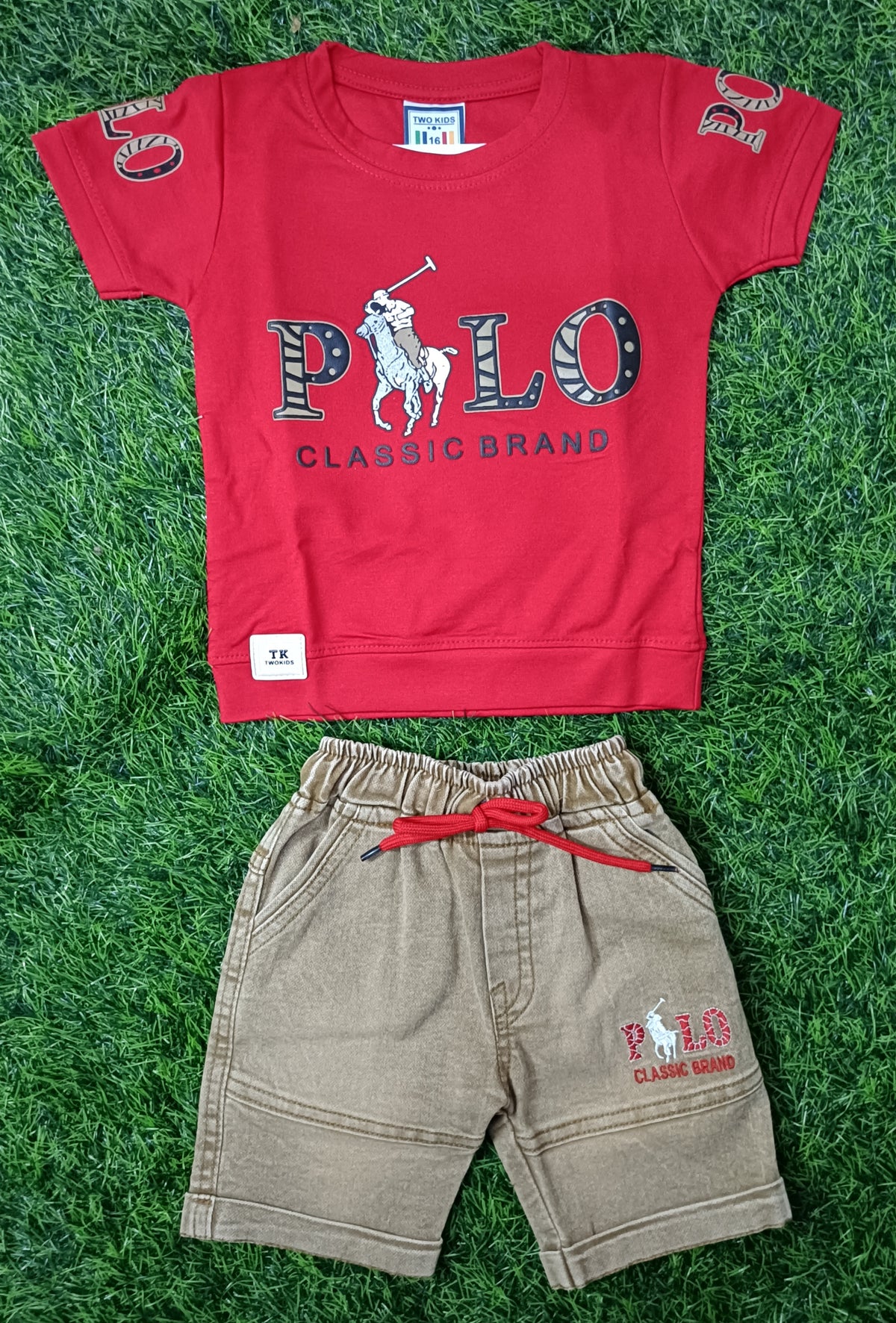 Kids Red Printed T-Shirt & Khaki Denim Short Set