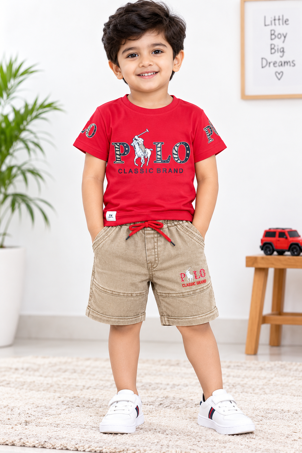 Kids Red Printed T-Shirt & Khaki Denim Short Set